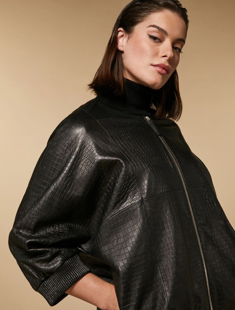 Crocodile-Print Nappa Leather Bomber Jacket Black Hot