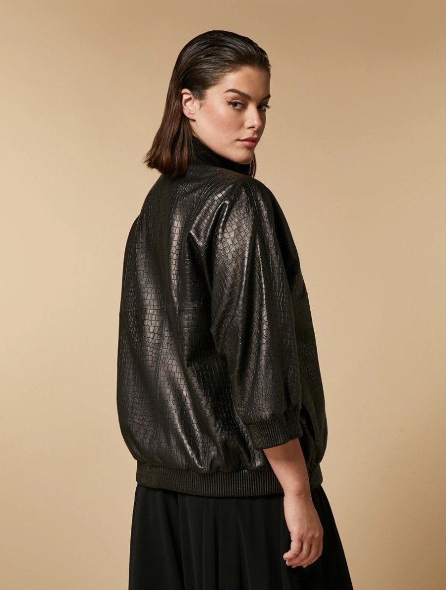 Crocodile-Print Nappa Leather Bomber Jacket Black Hot