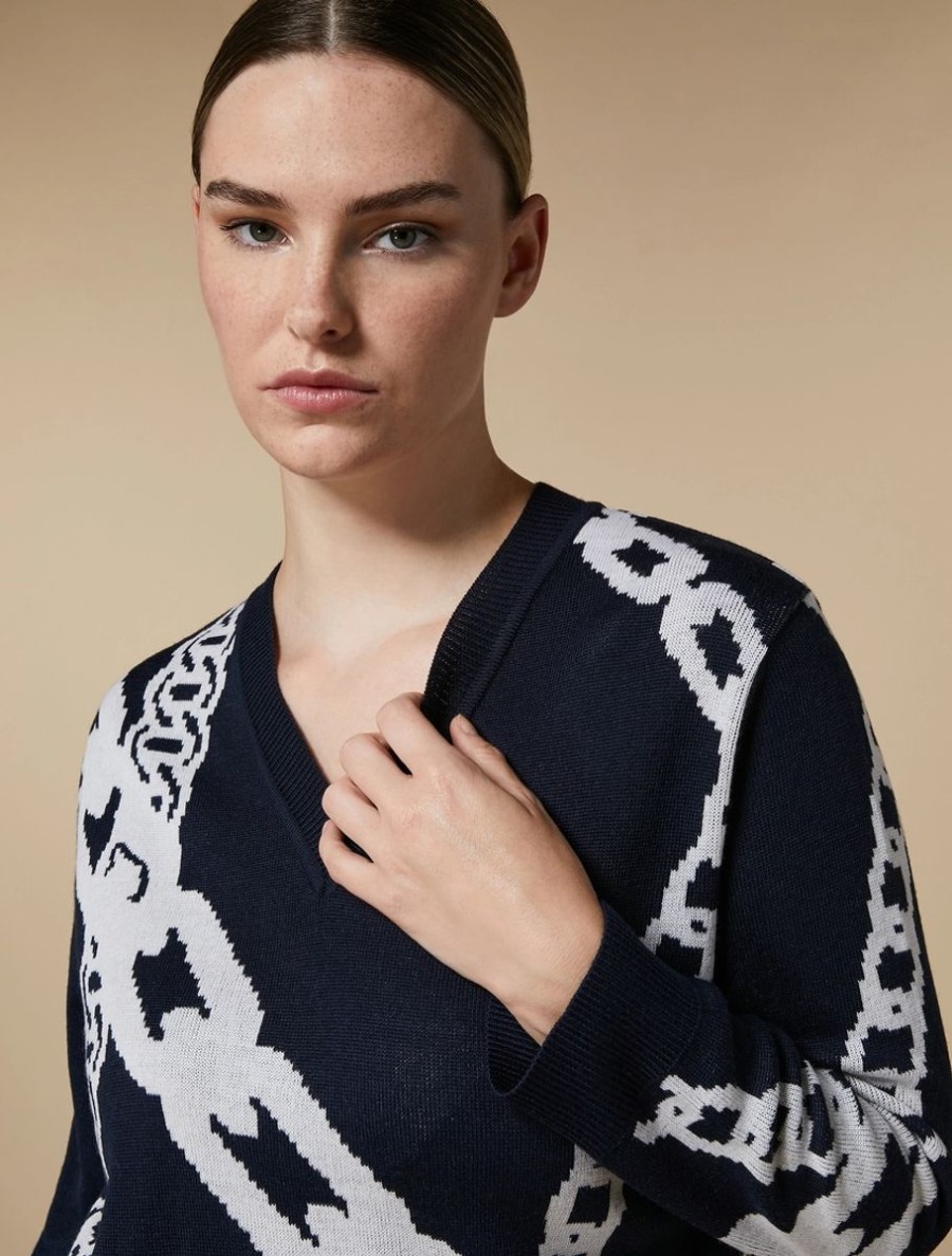 Jacquard Wool-Blend Sweater Dark Navy Clearance