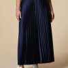 Long Pleated Satin Skirt Dark Navy New