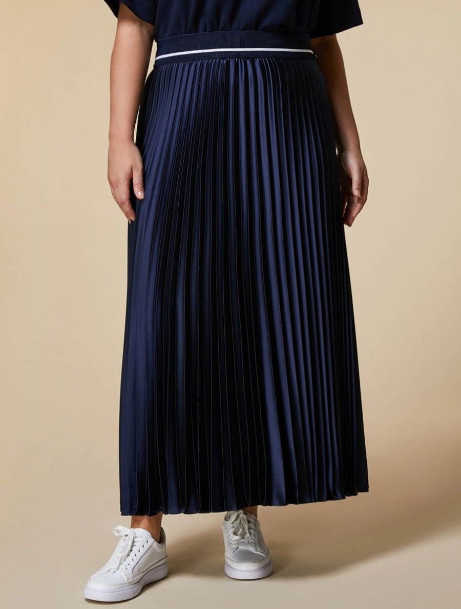 Long Pleated Satin Skirt Dark Navy New