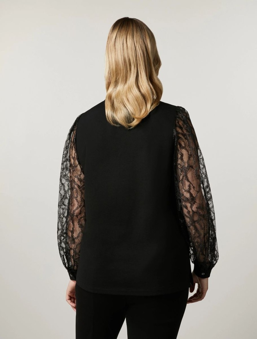 Milano-Knit Fabric And Lace Sweatshirt Black Clearance