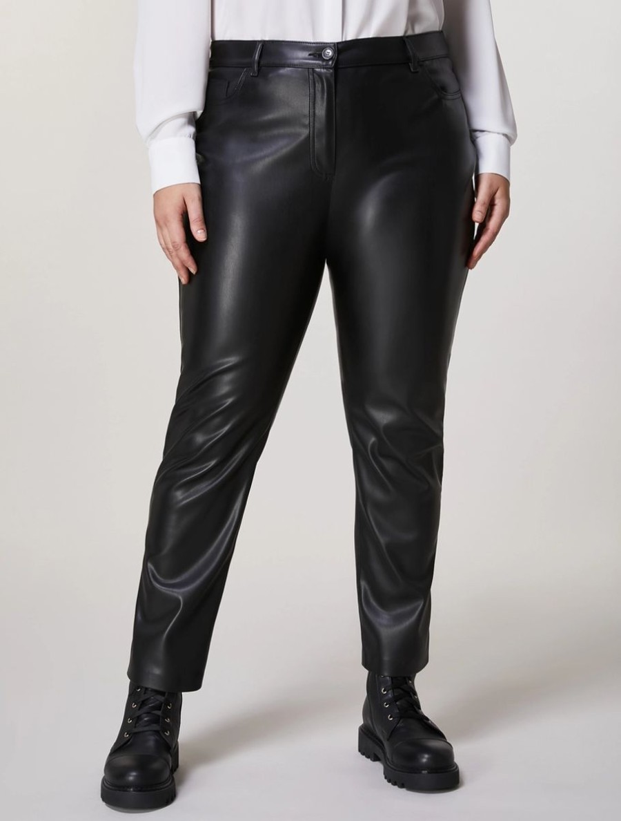 Leather-Look Fabric Trousers Black Clearance