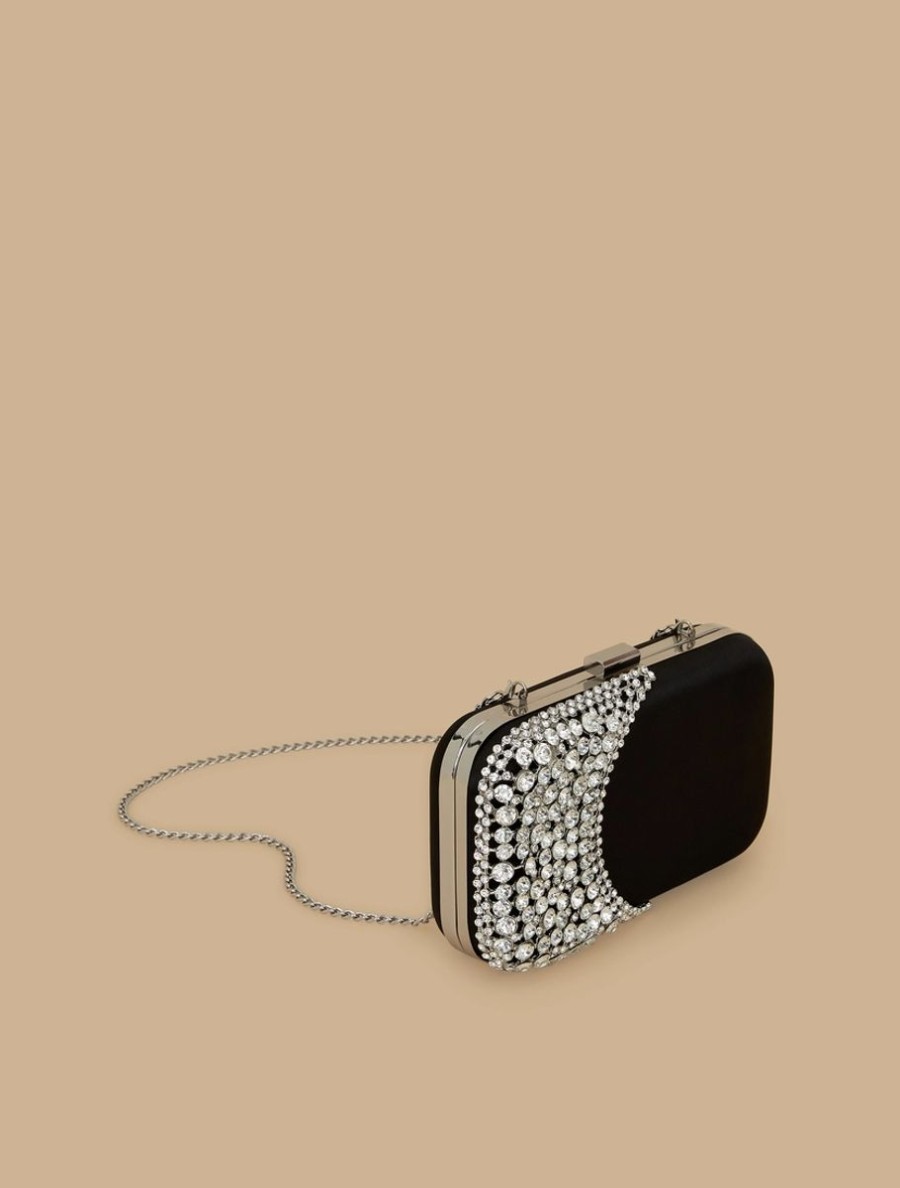 Rhinestone Satin Clutch Black New