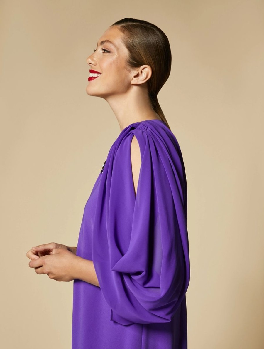 Crepe-Sleeved Triacetate Dress Purple New