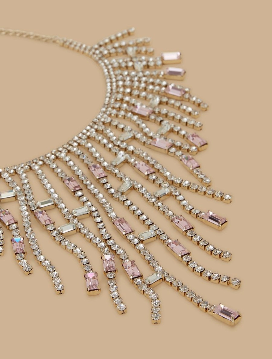 Rhinestone Fringe-Adorned Necklace Pink Wholesale