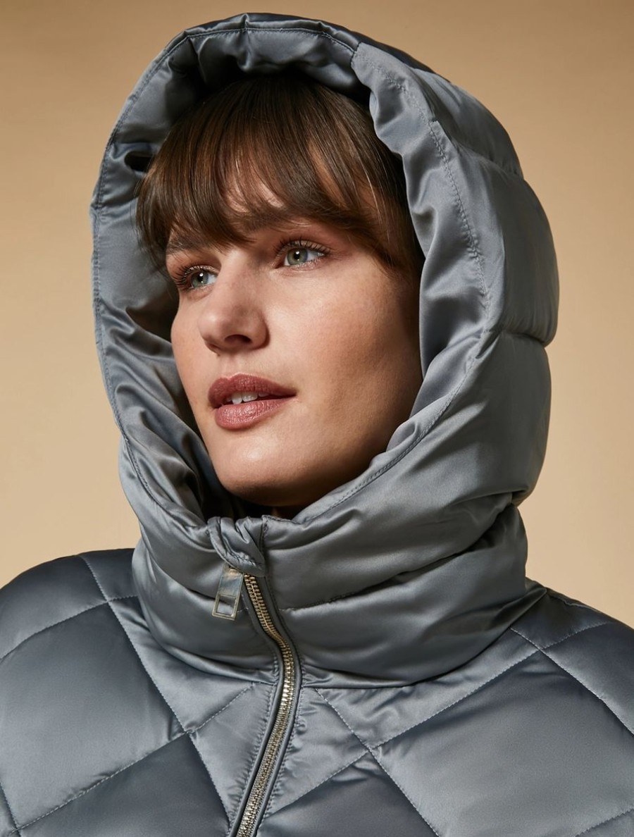 Long Padded Jacket In Water-Resistant Satin Medium Grey Clearance