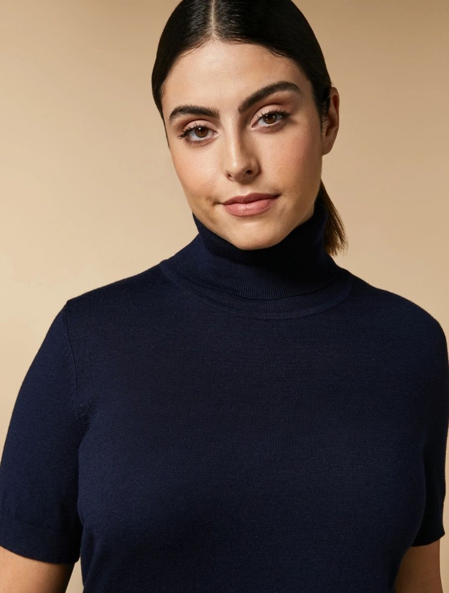 Viscose Yarn Polo-Neck Sweater Dark Navy New