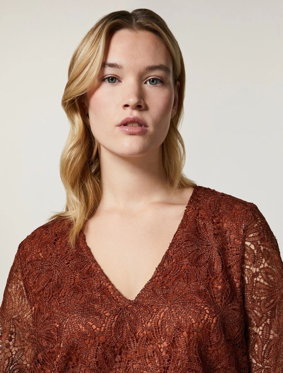 Macrame Lace And Crepe Envers Satin Blouse Rust Hot