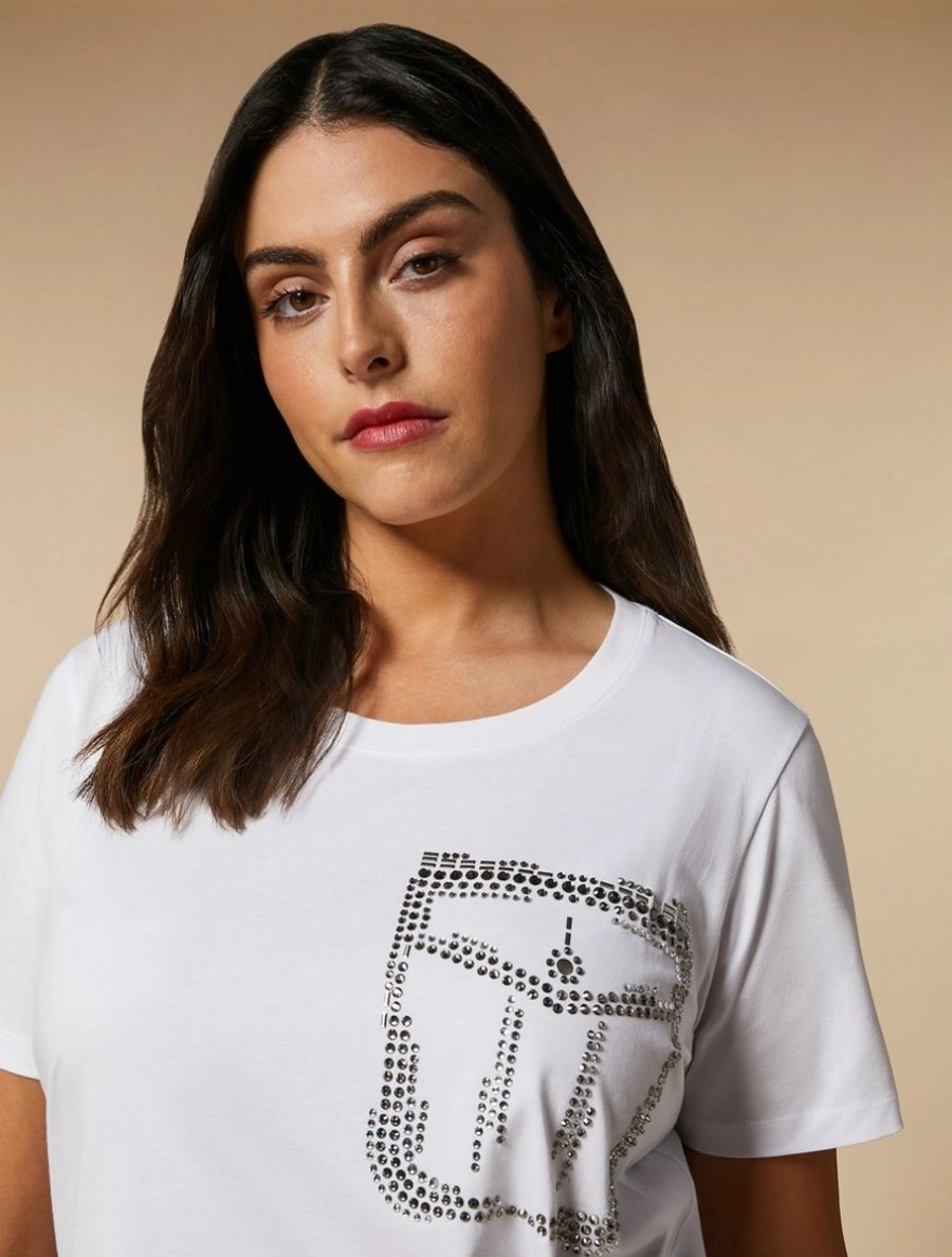 Rhinestone-Adorned Jersey T-Shirt Optical White Clearance