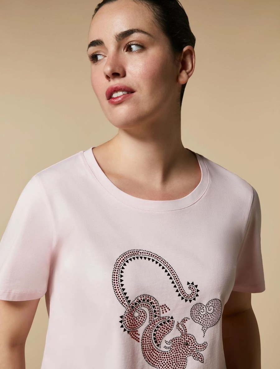 Rhinestone-Adorned Jersey T-Shirt Pink Clearance