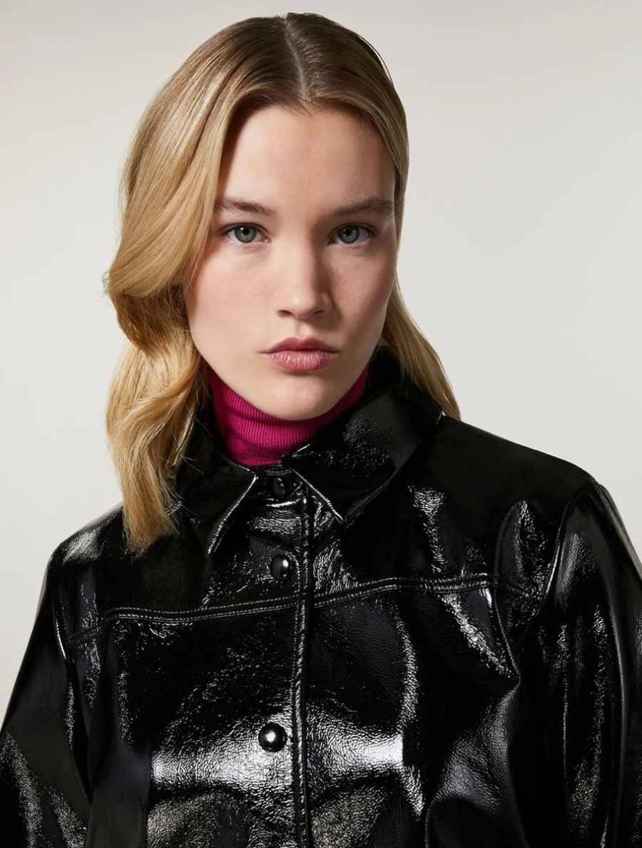 Crackle-Effect Patent Leather Cropped Jacket Black Online