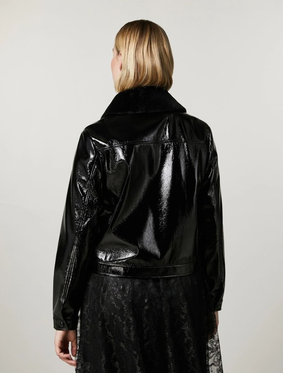 Crackle-Effect Patent Leather Cropped Jacket Black Online