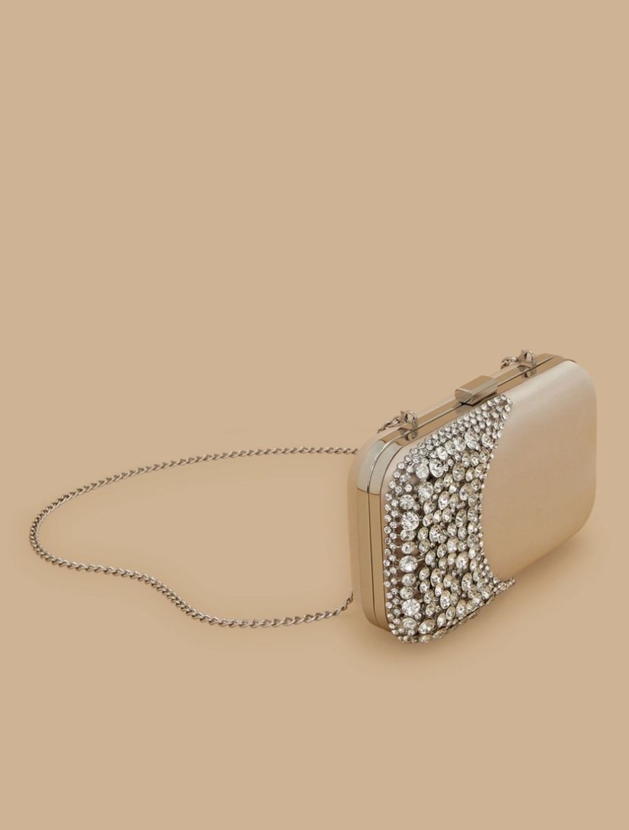 Rhinestone Satin Clutch Beige New