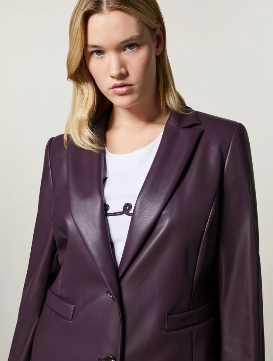 Leather-Look Fabric Blazer Purple Best