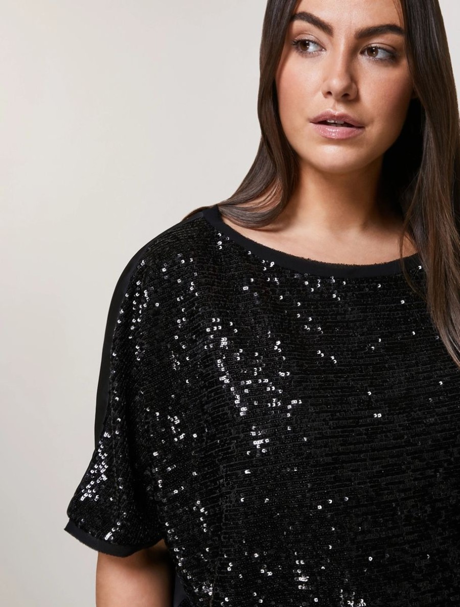 Sequin-Decorated Crepe Envers Satin Blouse Black New