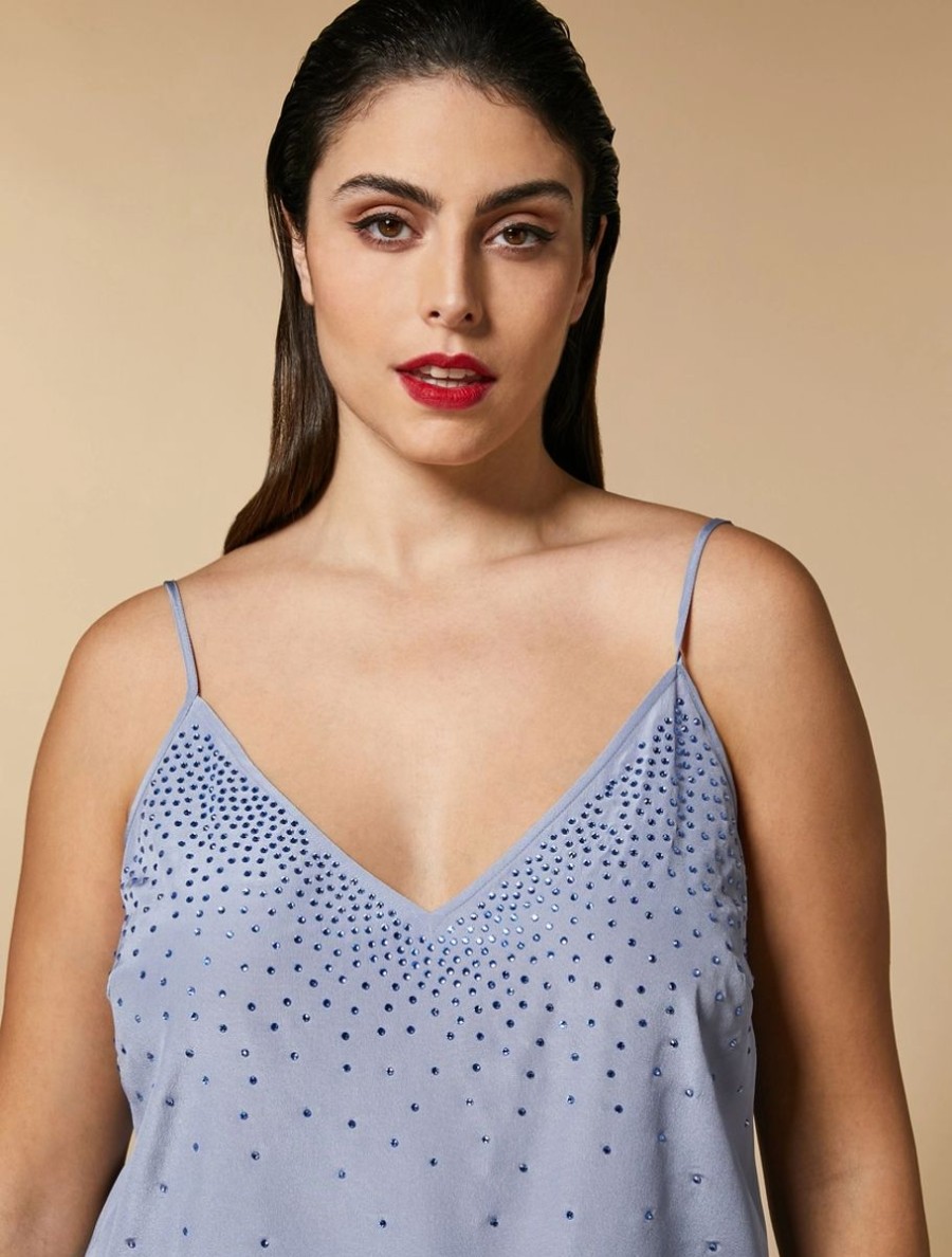 Rhinestone-Adorned Crepe De Chine Top Ski Blue Online