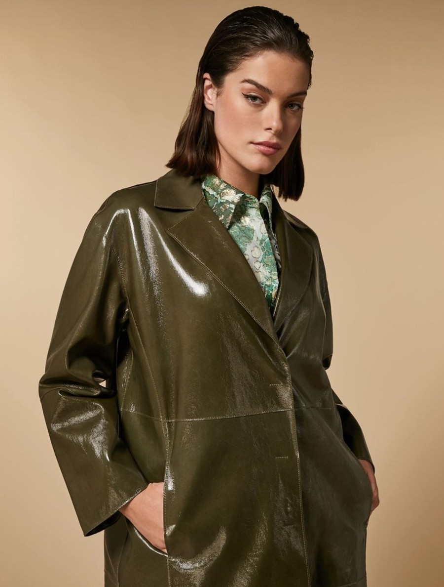 Patent Leather Duster Coat Olive Green New