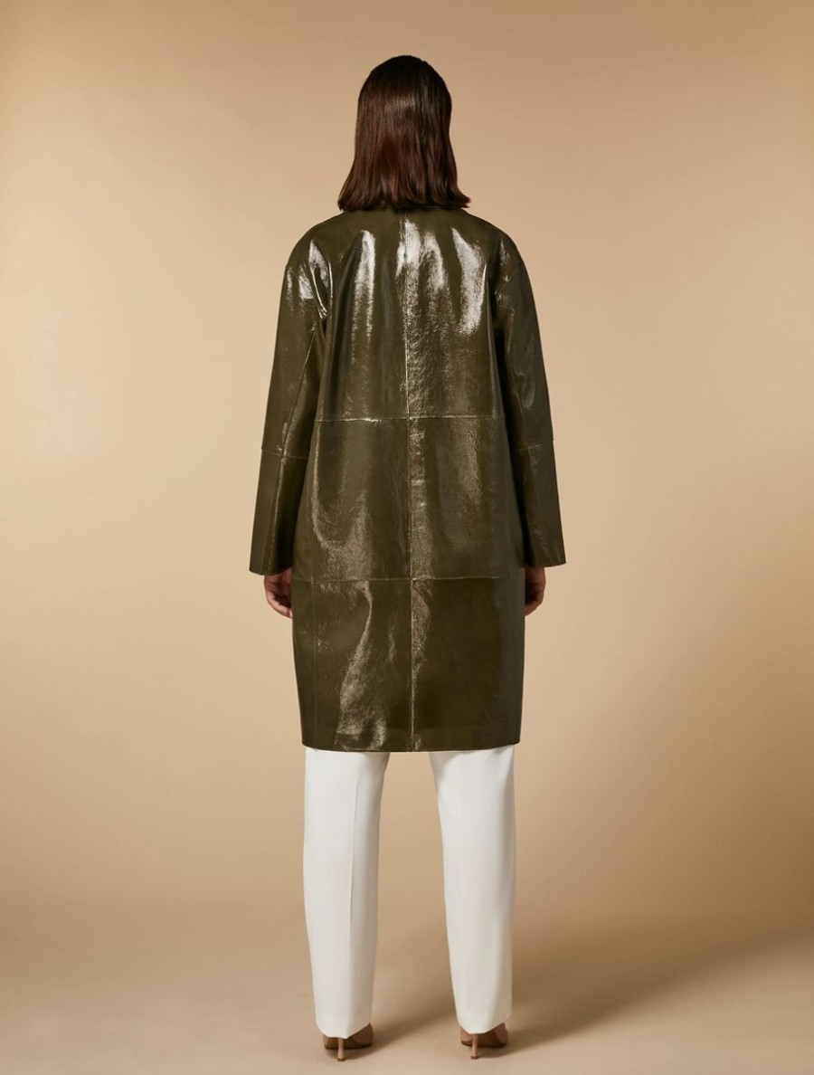 Patent Leather Duster Coat Olive Green New