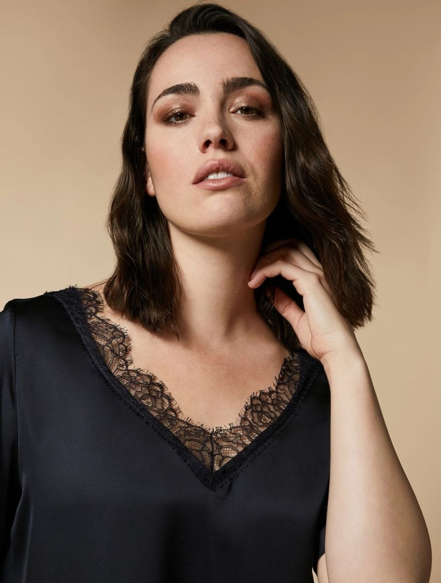 Blouse With Lace Details Dark Navy New