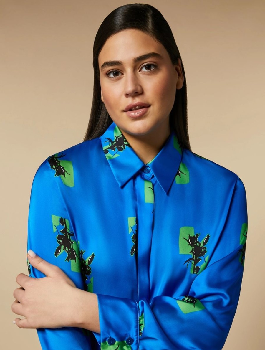 Printed Satin Shirt Cornflower Blue Clearance