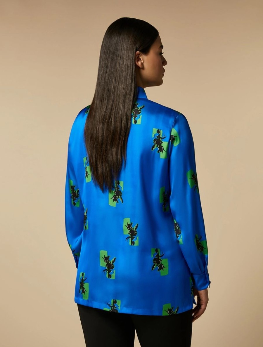 Printed Satin Shirt Cornflower Blue Clearance