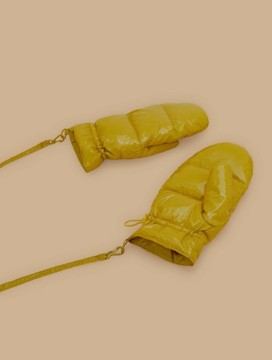 Padded Mittens In Shiny Nylon Mustard Hot