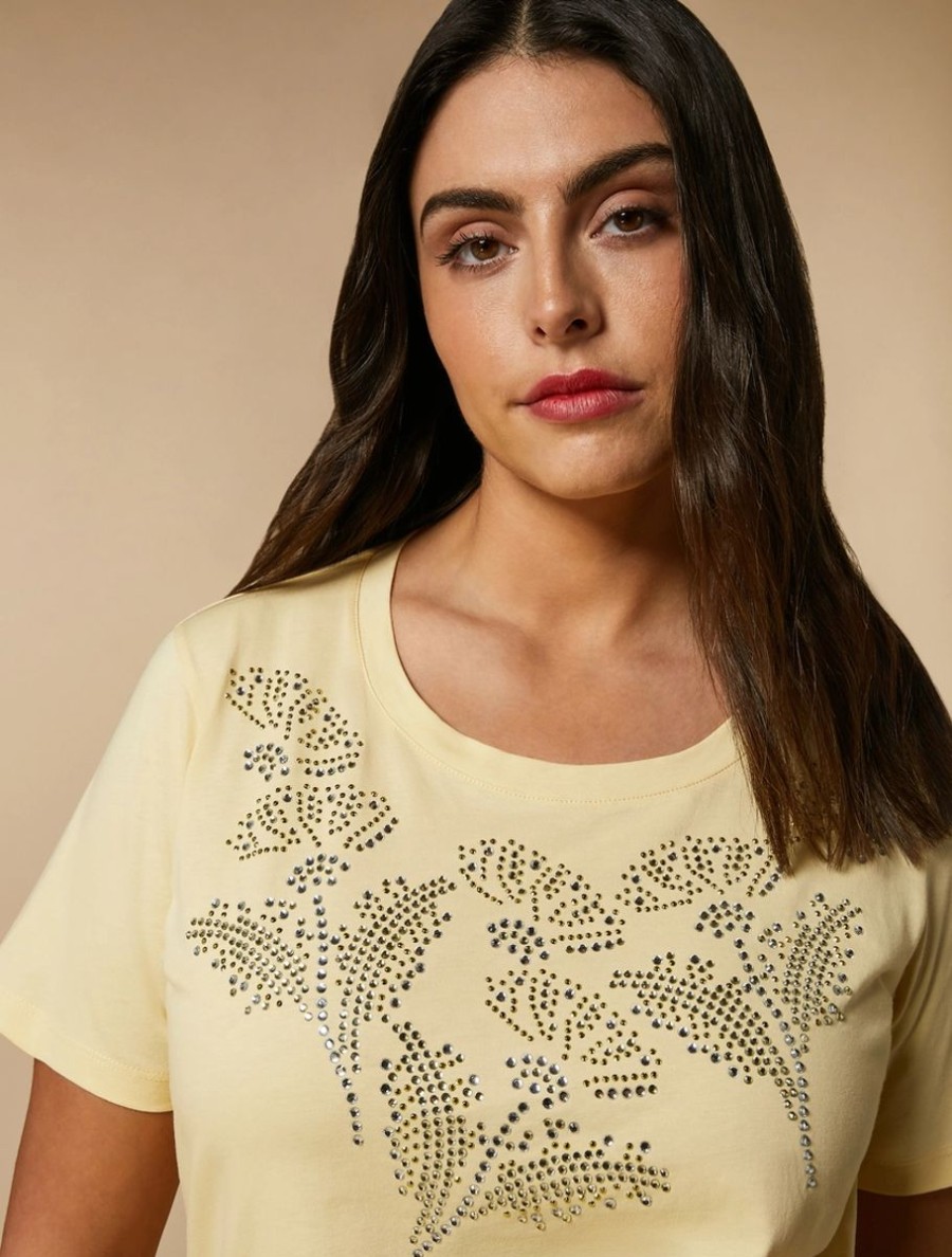 Rhinestone-Adorned Jersey T-Shirt Yellow Clearance