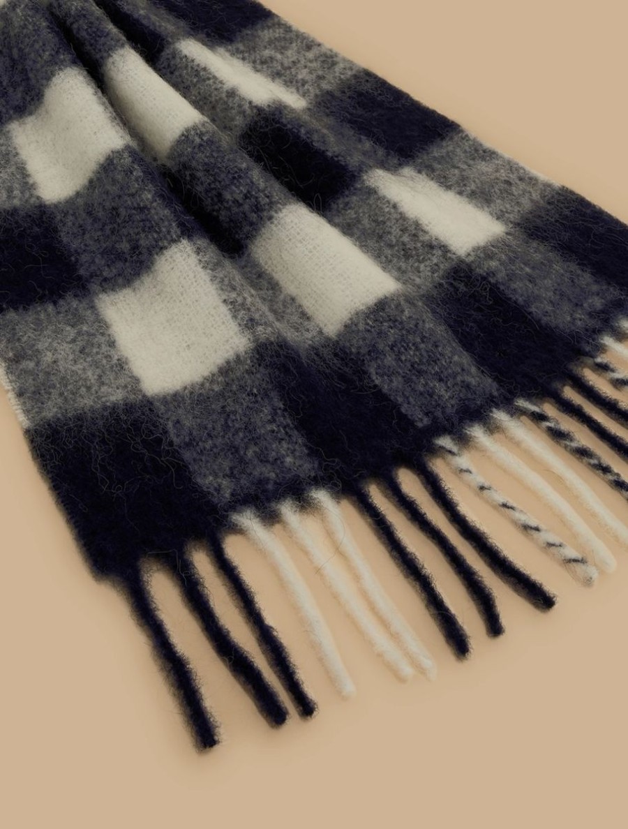 Wool-Blend Check Scarf Dark Navy Clearance