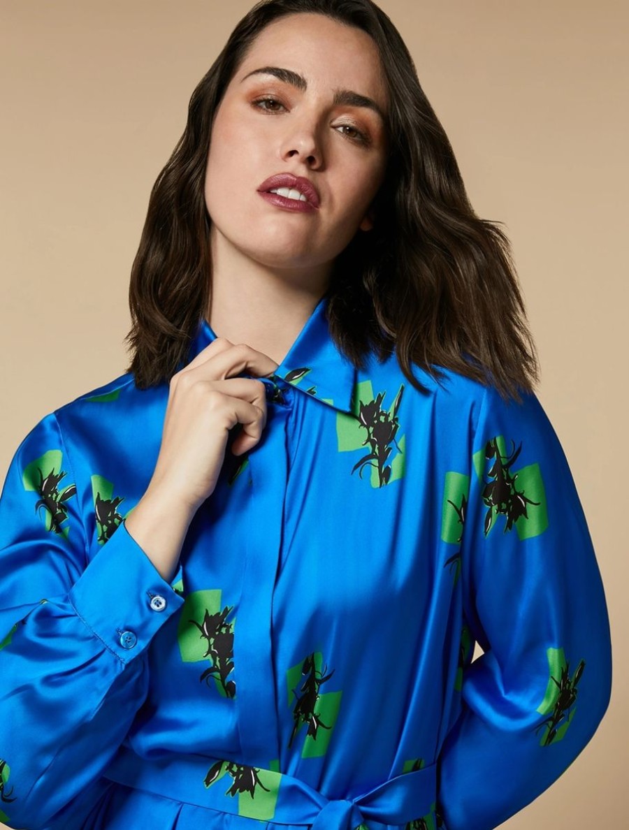 Printed Satin Shirt Dress Cornflower Blue Hot