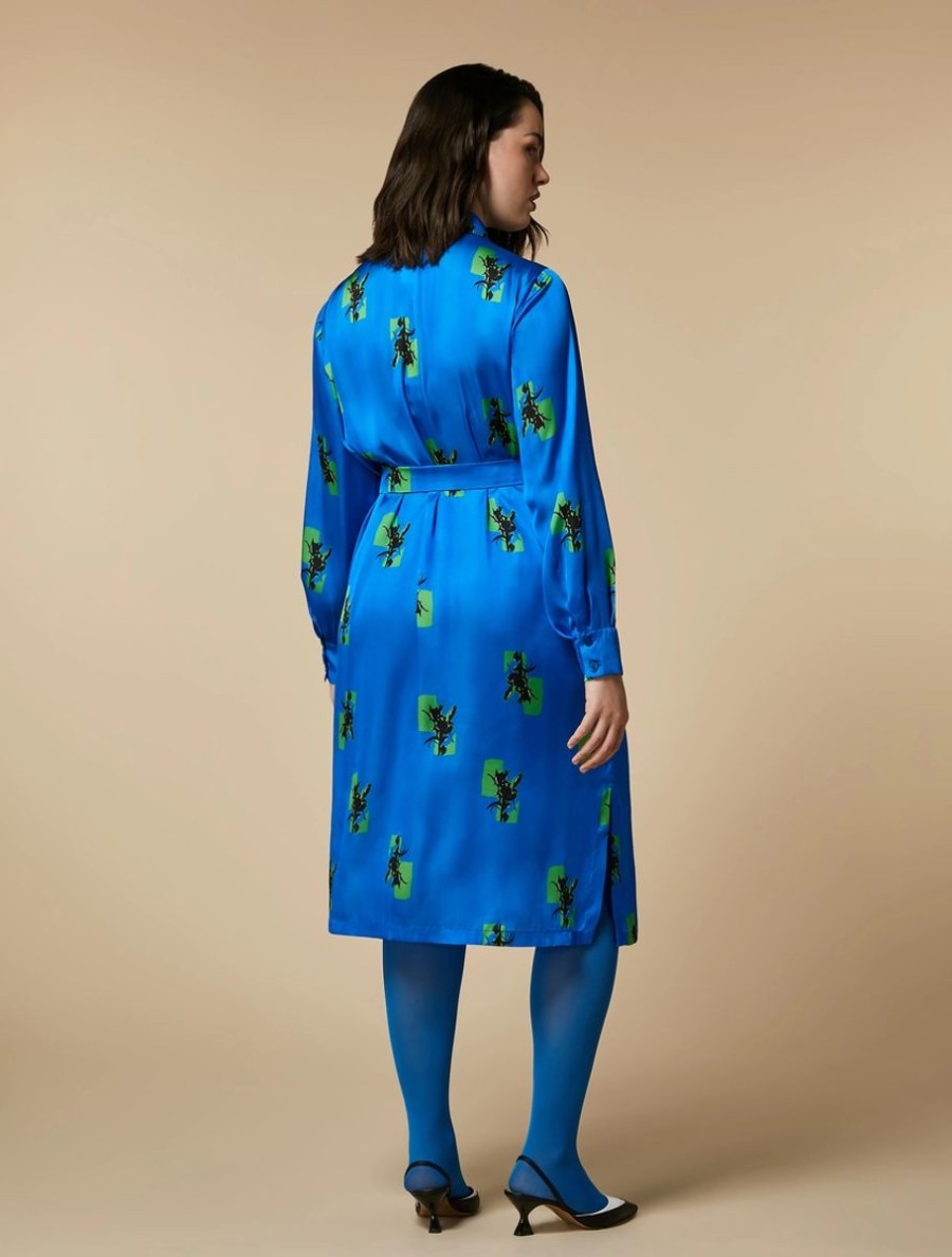 Printed Satin Shirt Dress Cornflower Blue Hot