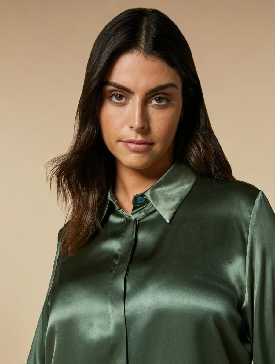 Silk Satin Shirt Olive Green New