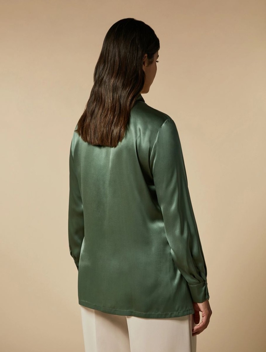 Silk Satin Shirt Olive Green New