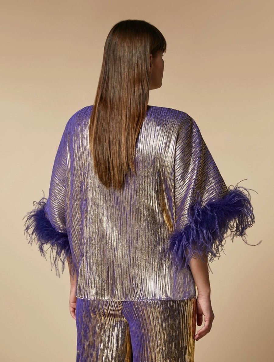 Metallic Top With Feathers Purple Clearance